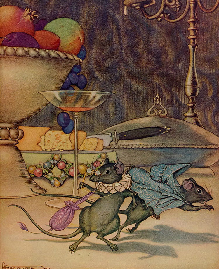 Illustration of two mice dressed in clothes in a kitchen with a fruit bowl, cheese and a covered dish on a table.