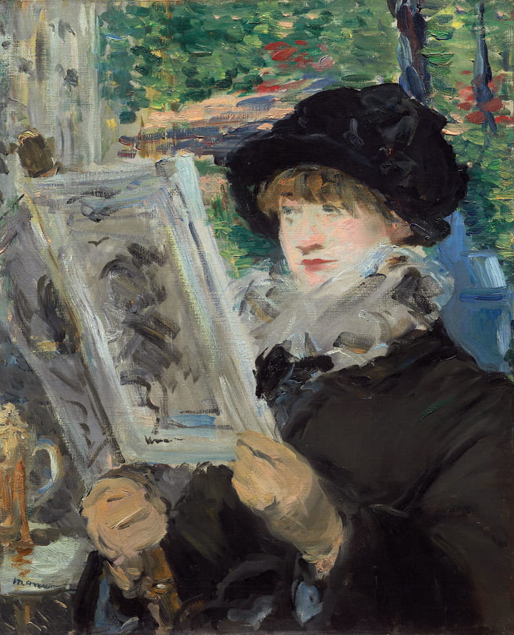 A woman in a black hat and ruffled collar reads a newspaper, surrounded by lush greenery, showcasing impressionist art style.