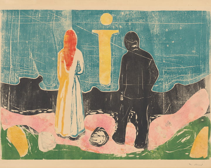 Two figures standing on a multicolored abstract landscape with a large yellow lowercase letter 'i' in the background