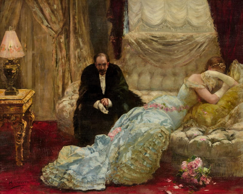 Man in dark formal wear sitting on a sofa holding gloves and looking down while woman in a long light blue dress reclines on the same sofa with her back turned and head resting on a cushion in a richly decorated room