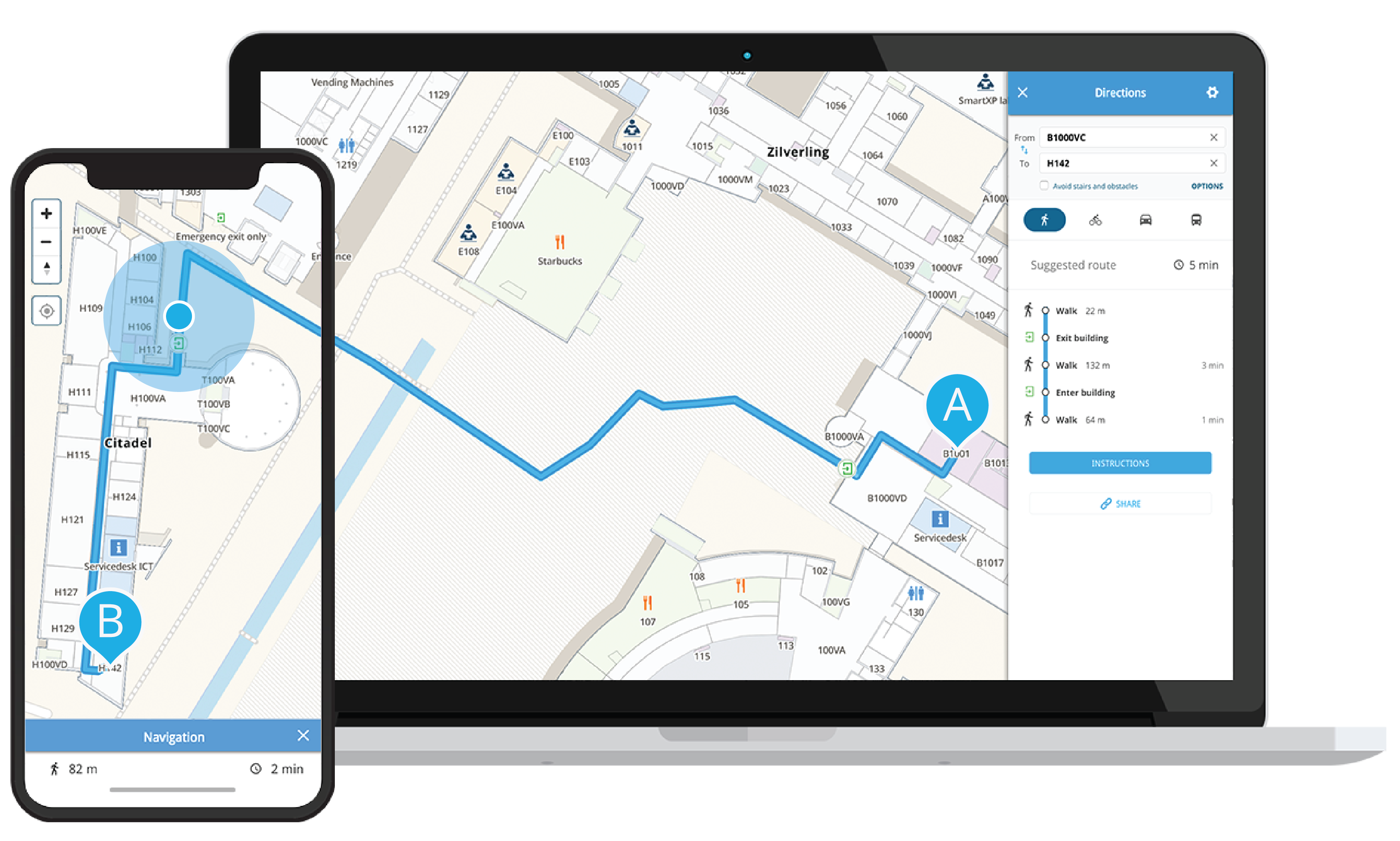 Phone and laptop together showing a route across a building
