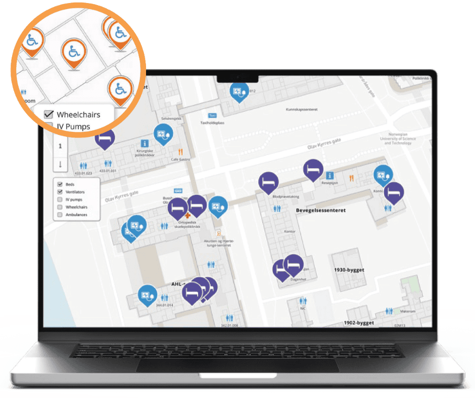MazeMap Asset Visualization Interface for Medical Equipment in a hospital