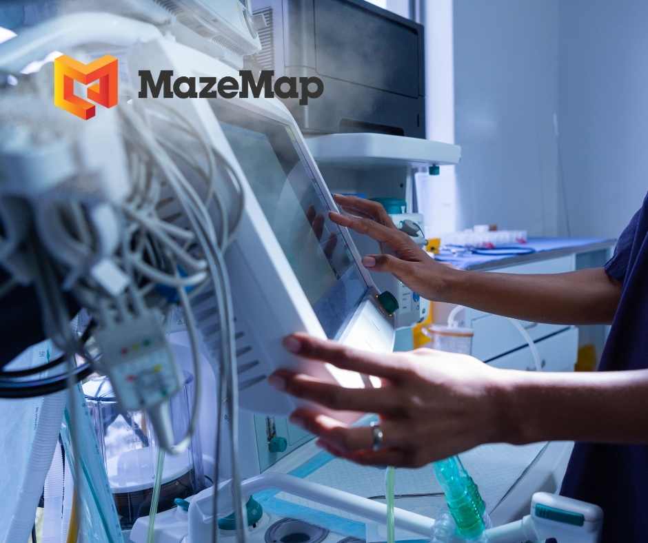 Close-up of a nurse using hospital equipment, with MazeMap logo overlayed, representing real-time medical asset visualization in healthcare environments.