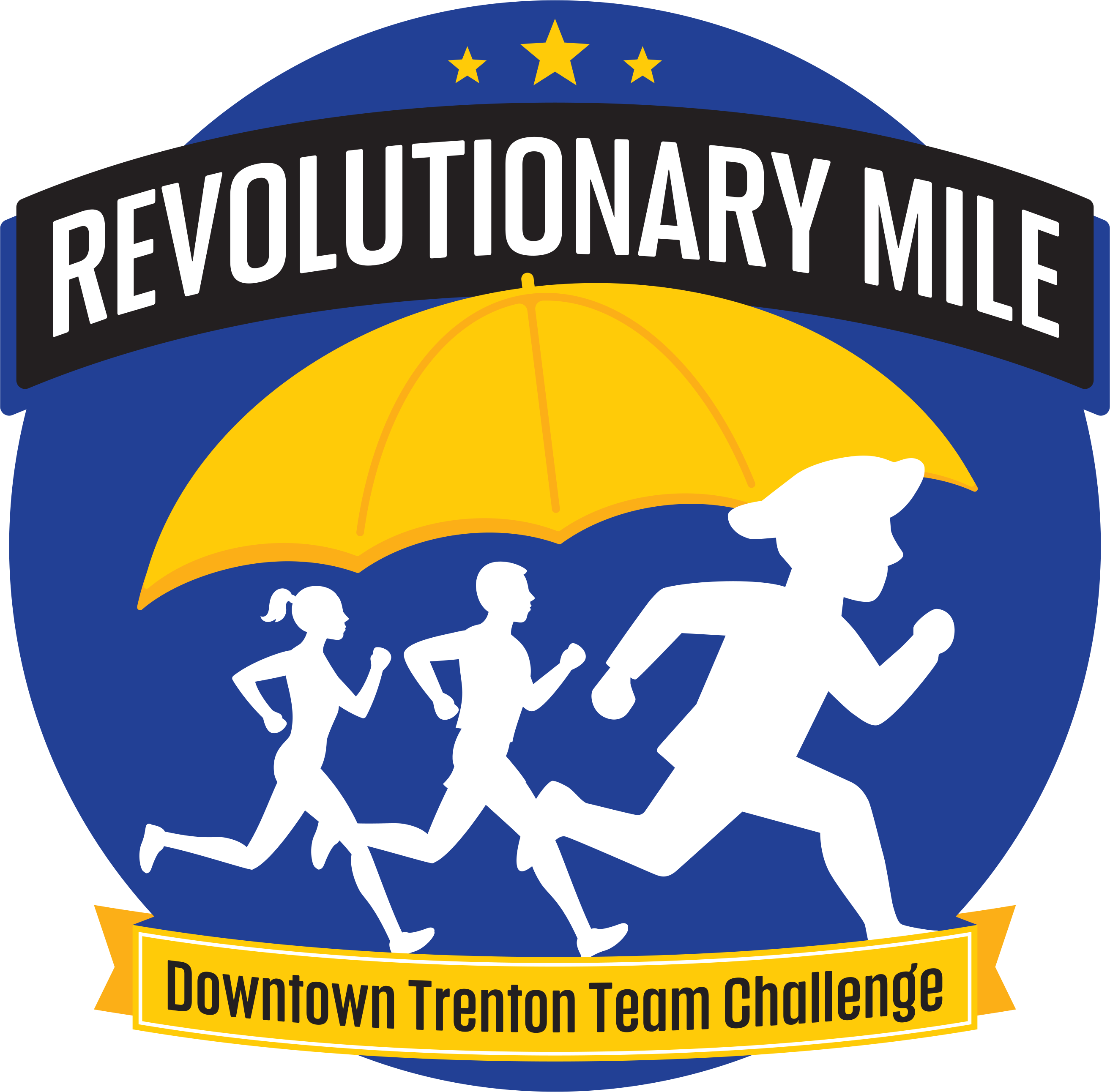Revolutionary Mile - Downtown Trenton Team Challenge - Runners under a yellow umbrella with a blue circular background.