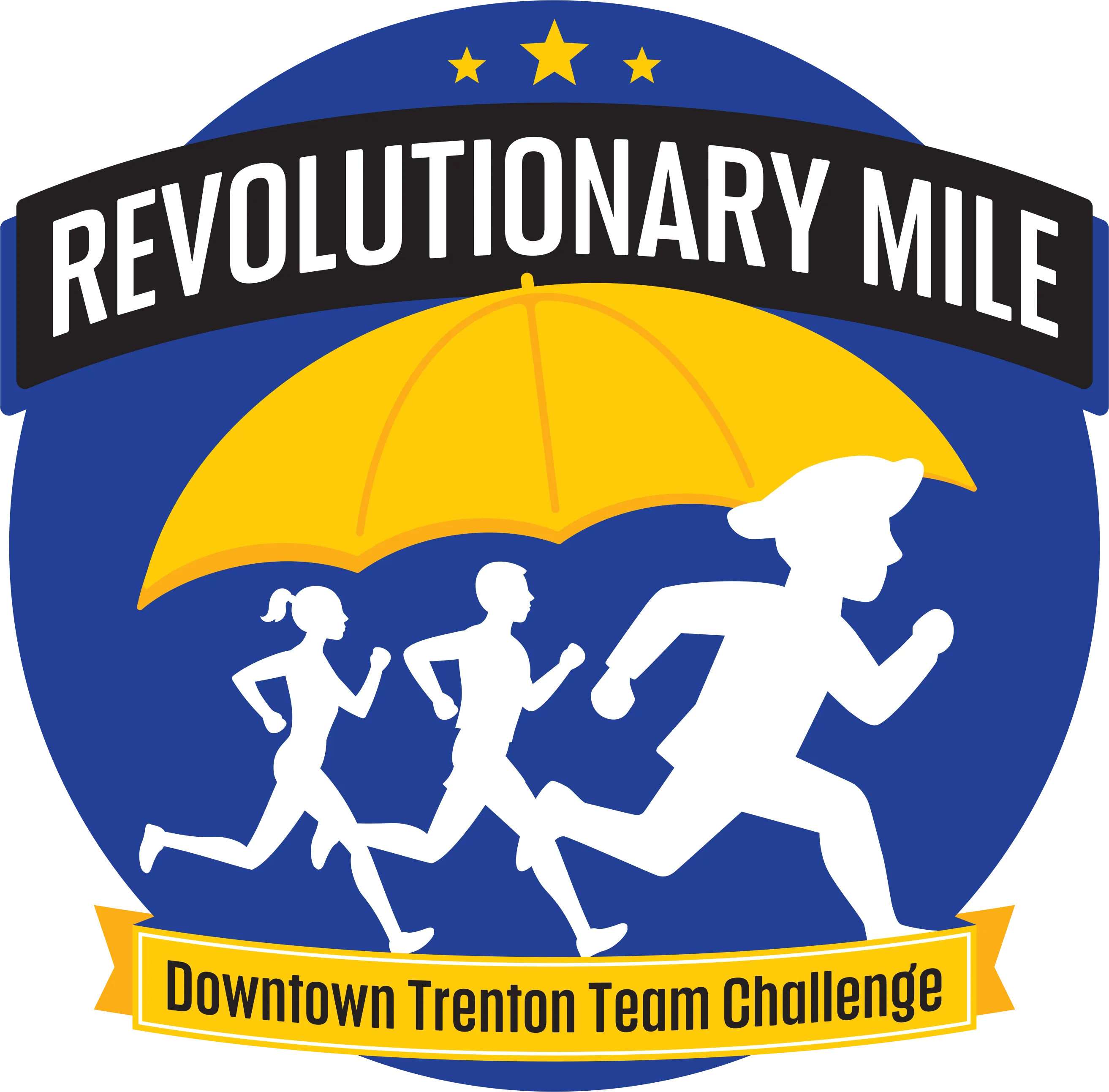 Revolutionary Mile - Downtown Trenton Team Challenge - Runners under a yellow umbrella with a blue circular background.