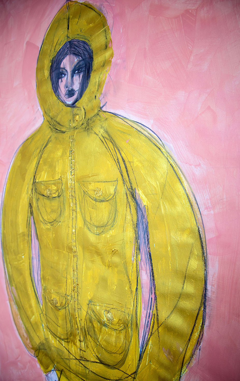 A painting of a figure in a yellow jacket.