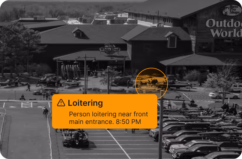 Storefront parking lot with several vehicles and highlighted area marking person loitering near entrance at 8:50 PM.