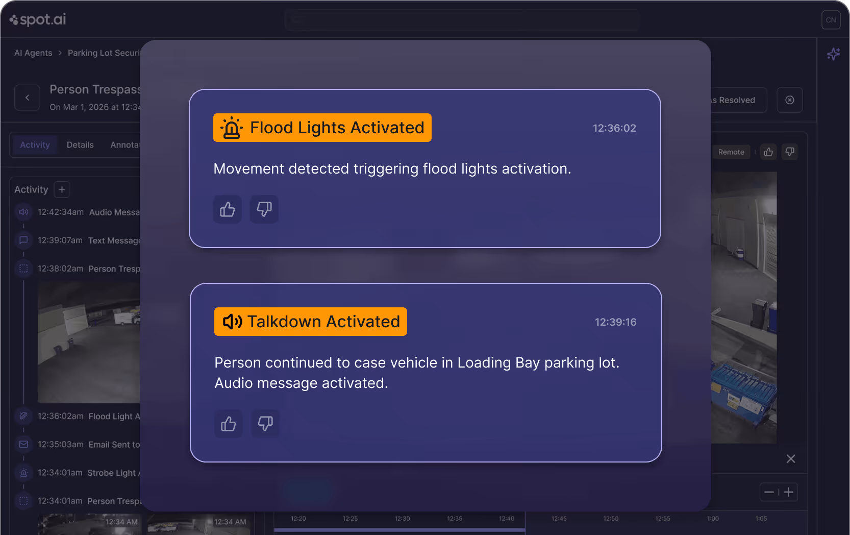 Alert messages on screen show flood lights and talkdown activated for parking lot security event.