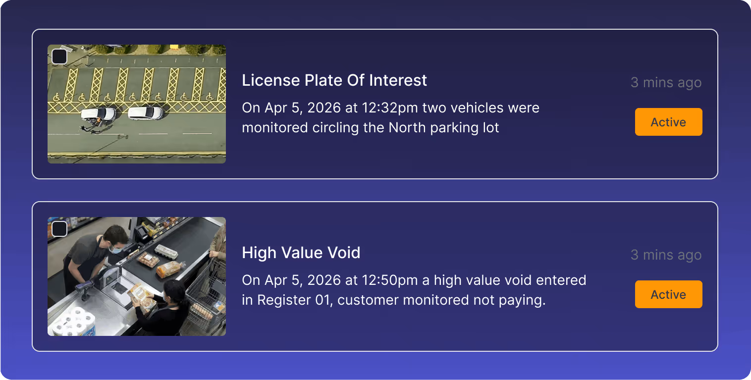 Two active incident alerts: vehicles circling a parking lot and customer monitored not paying at checkout.