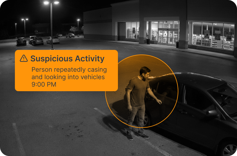 Man is suspiciously casing and looking into a parked car outside a store at night.