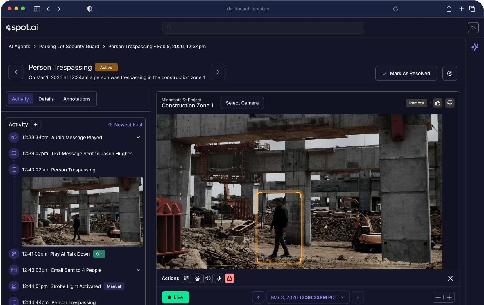 Spot AI dashboard showing agent detections across cameras