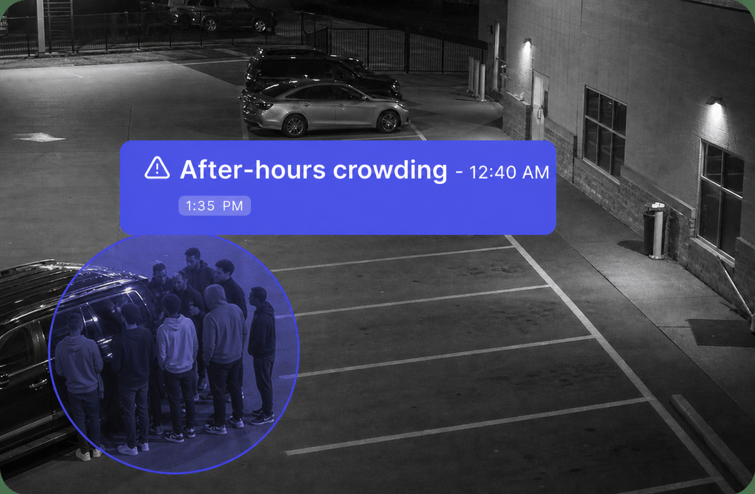 After-hours loitering and crowding in a store parking lot at night