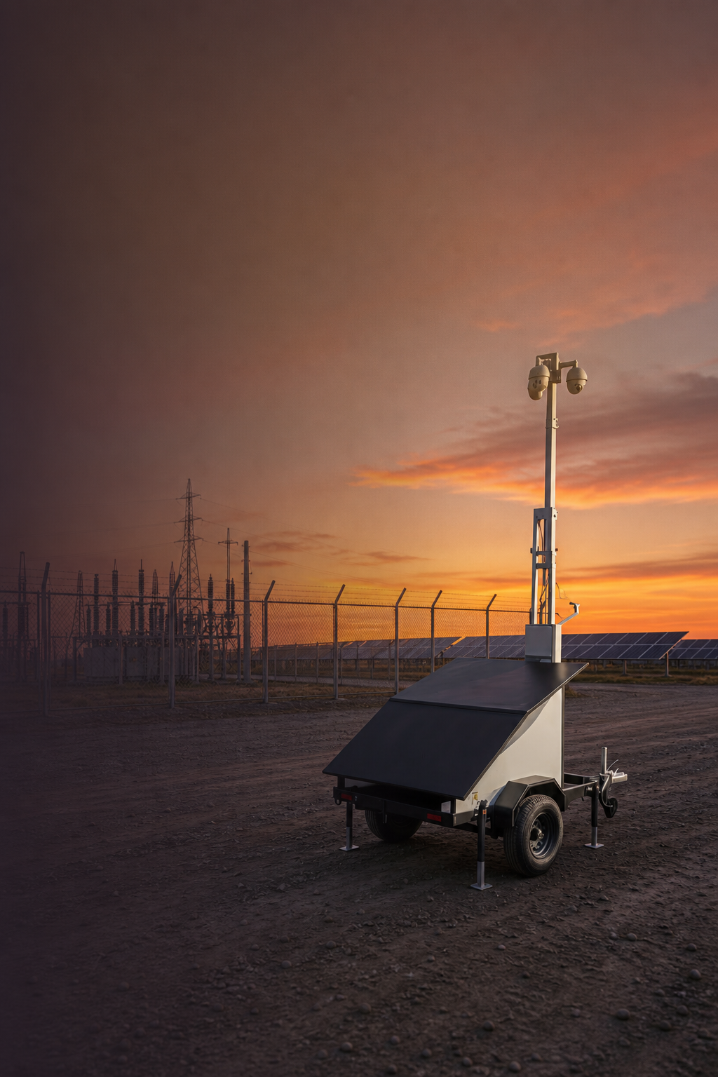 Mobile solar surveillance trailer on a remote infrastructure site, portrait