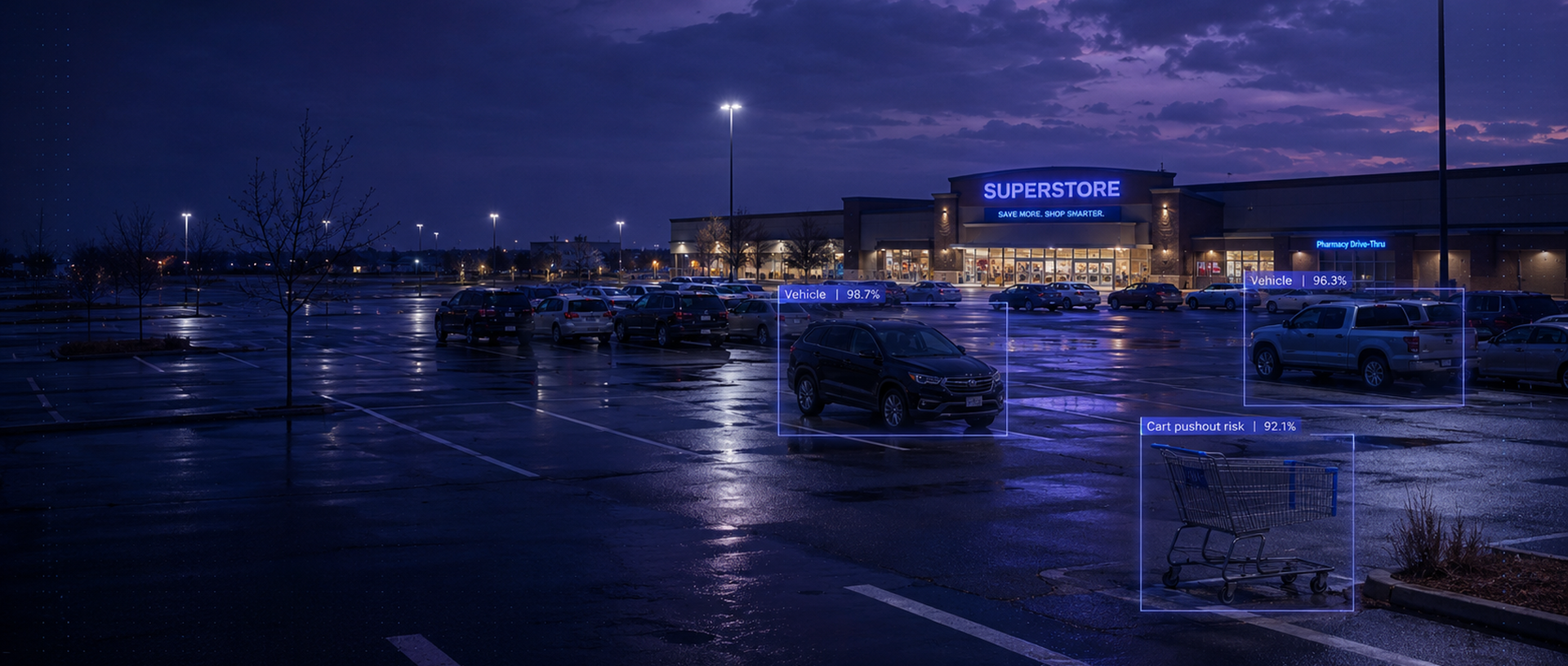 AI detection overlays on vehicles and a cart in a superstore parking lot at dusk