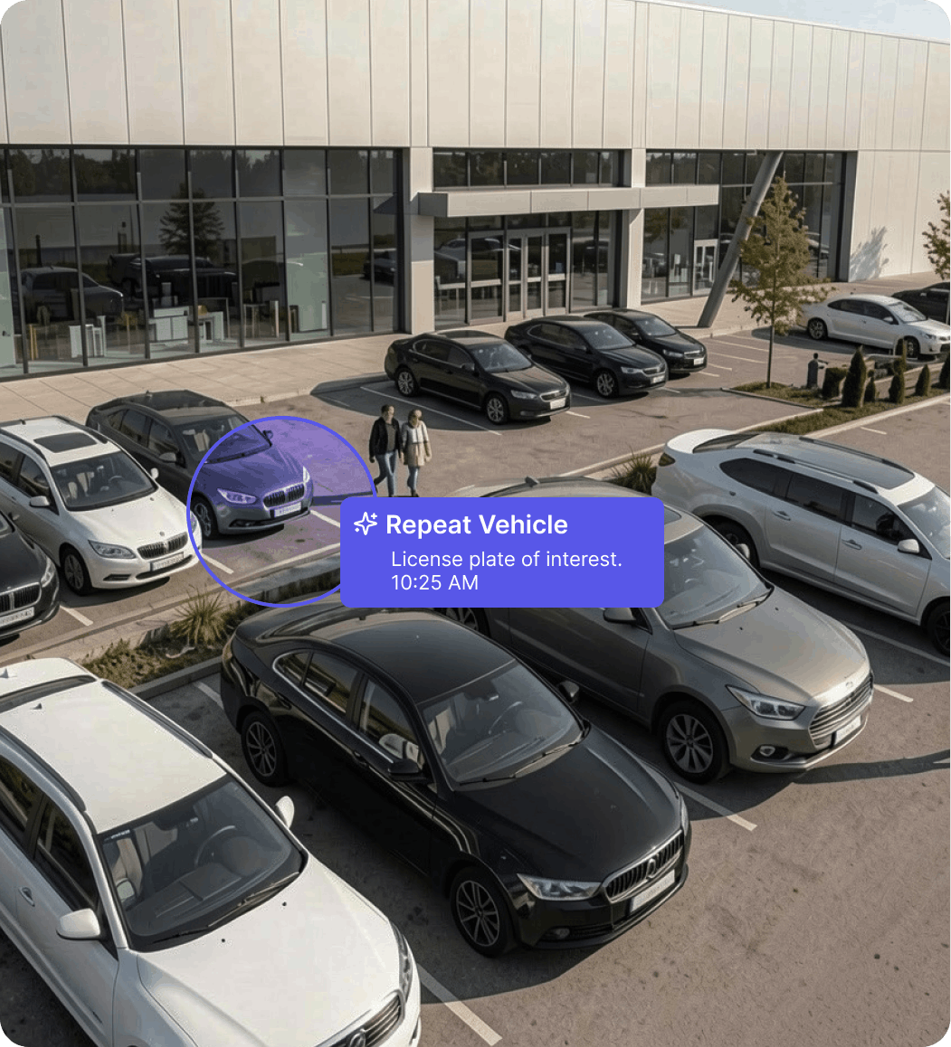 Aerial view of a parking lot with many cars and a white vehicle highlighted as repeat vehicle at 10:25 AM.