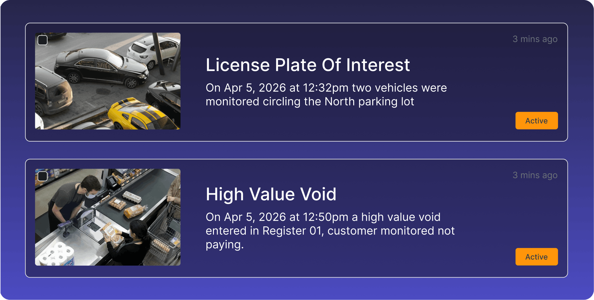 Two active incident alerts: vehicles circling a parking lot and customer monitored not paying at checkout.