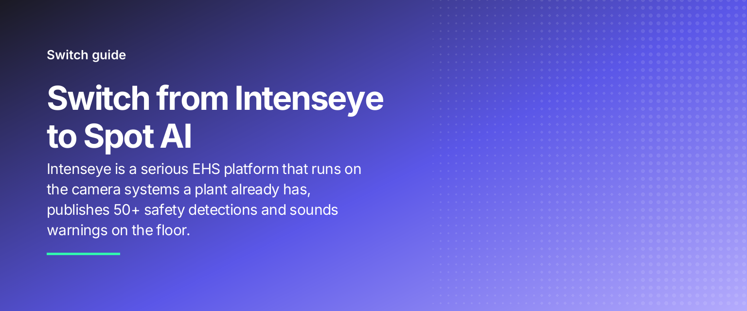 Switch from Intenseye to Spot AI: Intenseye is a serious EHS platform that runs on the camera systems a plant already has, publishes 50+ safety detections and sounds warnings on the floor