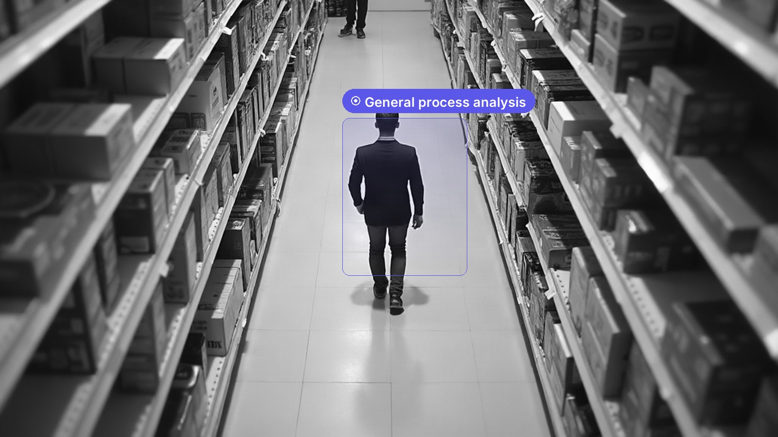 A shopper walking down a store aisle seen from overhead, with a process analysis region drawn around them