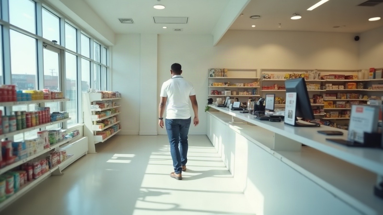 A single employee walking across a quiet store floor lit by daylight