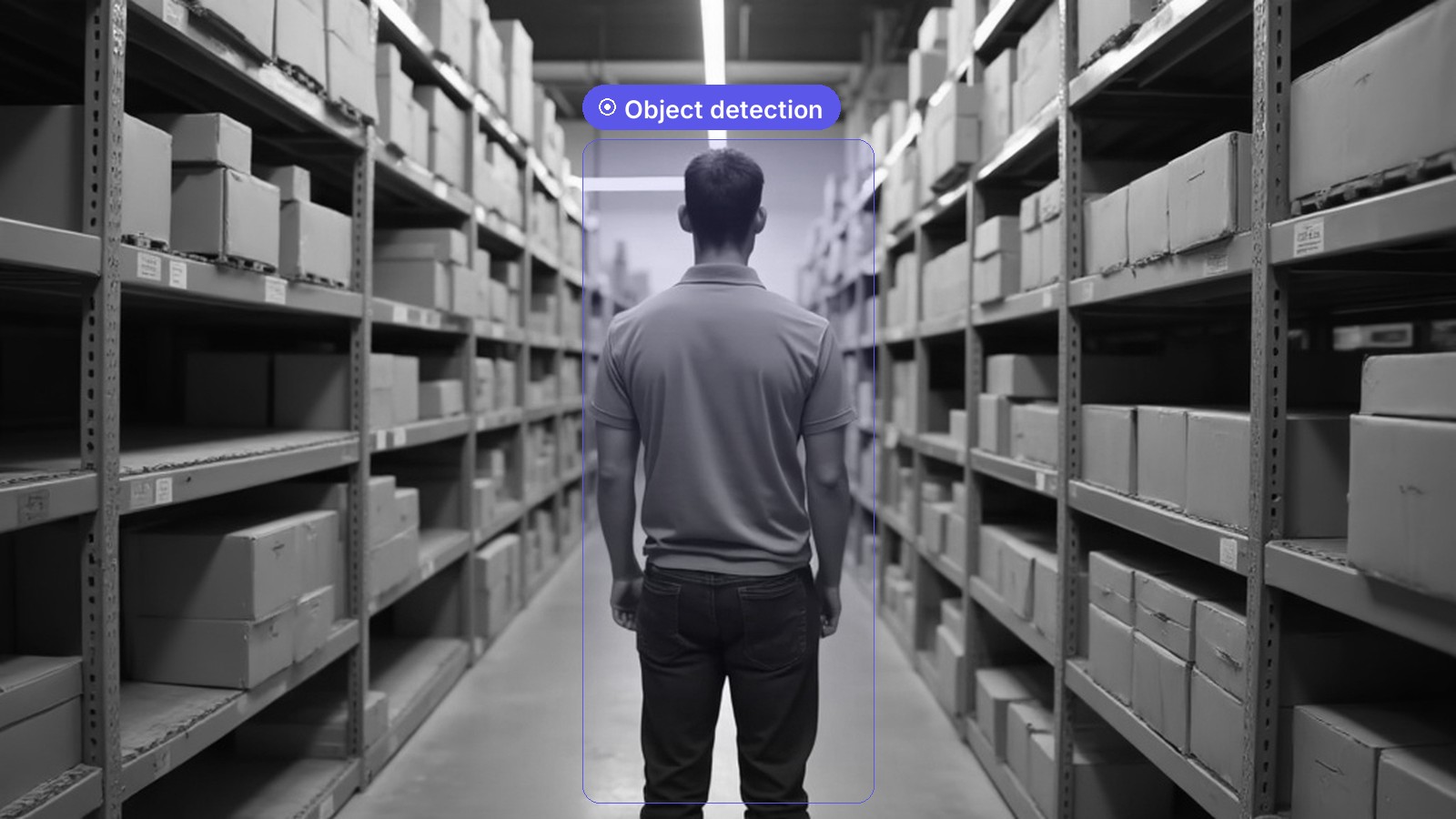 An employee standing at a stockroom shelving bay, with an object detection region drawn around them