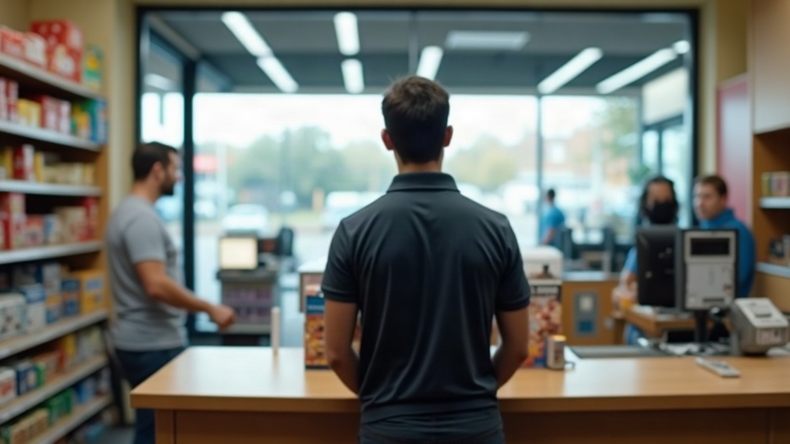 A cashier standing behind the checkout counter facing the shopfront