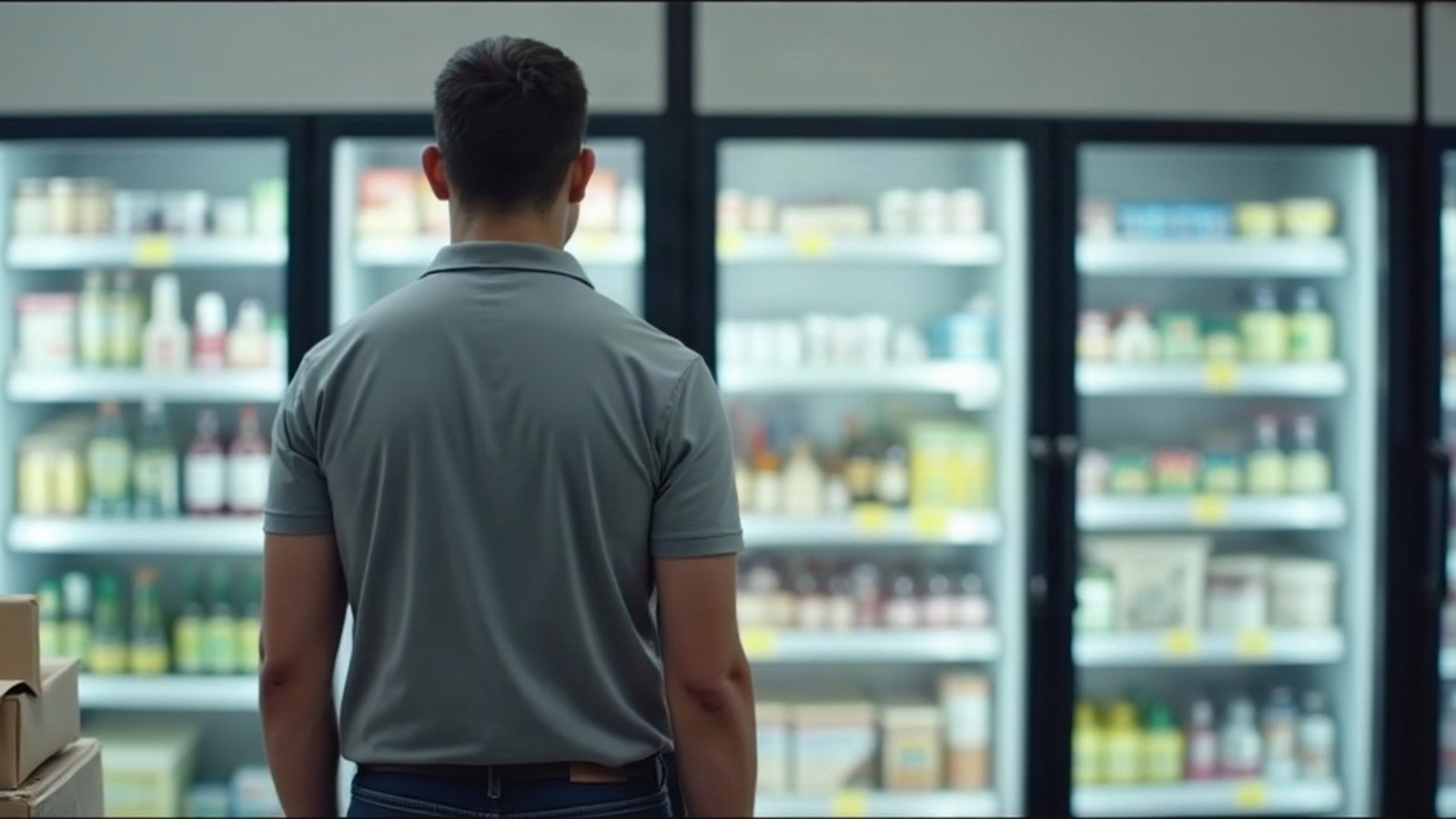 An employee standing in front of the refrigerated cabinets in a small store