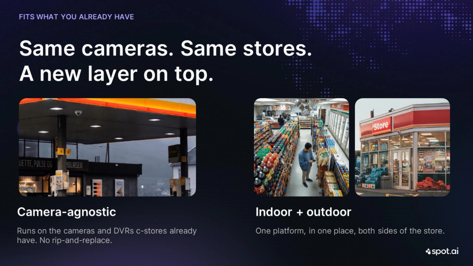Webinar slide showing camera-agnostic deployment across indoor and outdoor store views