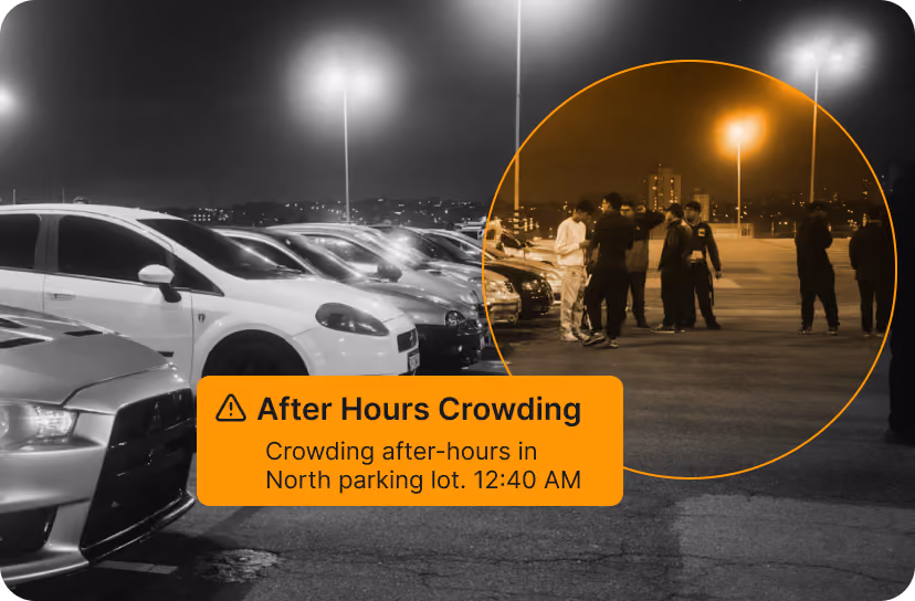 Night parking lot with cars and a circled group of people gathering, warning of after-hours crowding at 12:40 AM.