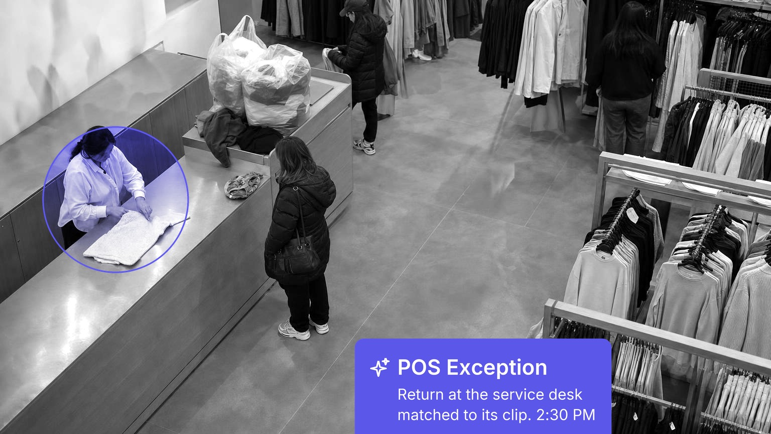 Department store associate folding a returned sweater at the returns counter while customers wait, in black and white with a Spot AI detection overlay.
