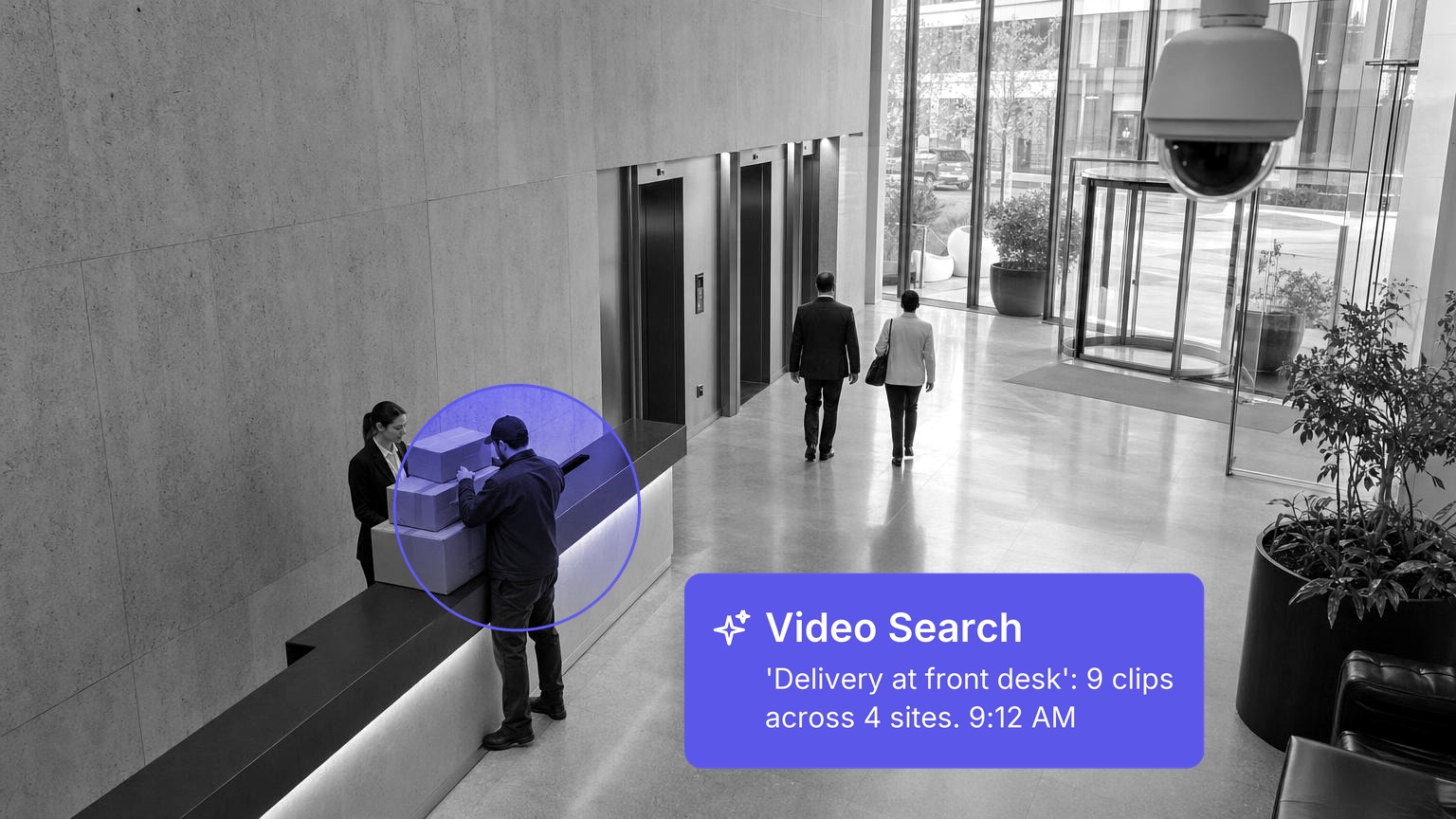 Courier setting parcels on the reception desk of an office lobby, with a dome camera on the ceiling in the foreground, in black and white with a Spot AI detection overlay.