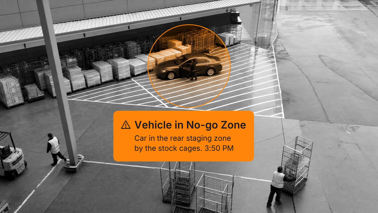A dark sedan parked in the hatched staging zone behind a big-box store beside stacked stock cages, with the driver stepping out, in black and white with a Spot AI detection overlay.
