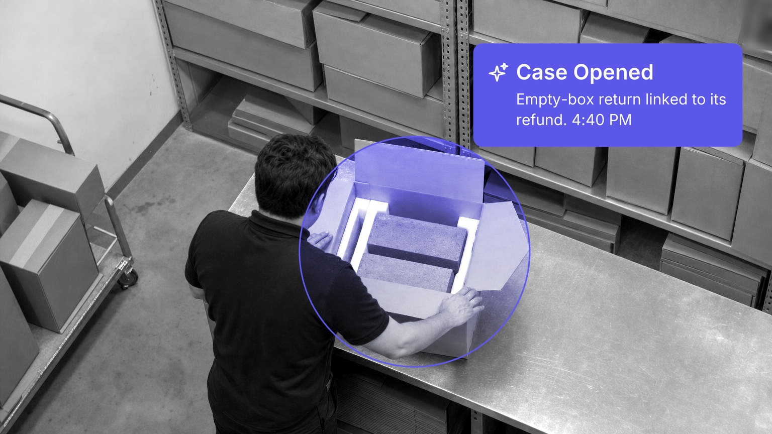 A store associate, seen from behind, opening a returned product carton on a steel bench in a back room and finding two concrete bricks packed in foam instead of the device, in black and white with a Spot AI detection overlay.