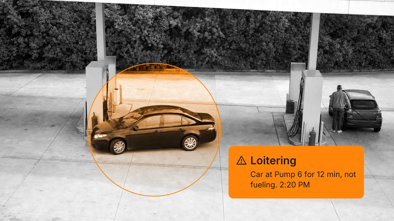 A dark sedan sits idle at a fuel pump island under a station canopy with nobody outside it, while a man seen from behind fuels a hatchback at the next island, in black and white with a Spot AI detection overlay.