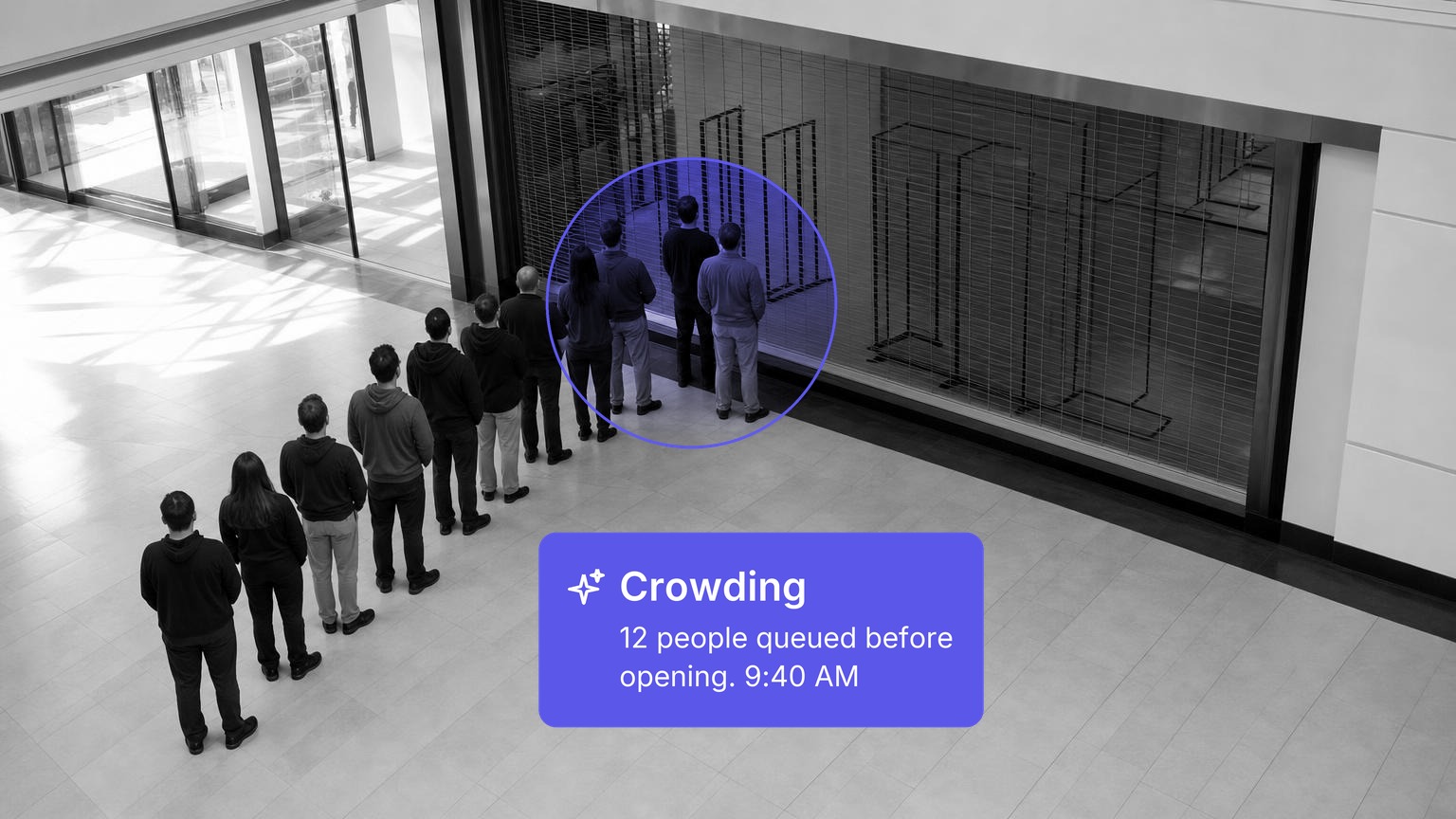 A queue of shoppers seen from behind waiting at the closed security grille of a store in a sunlit mall concourse before opening, in black and white with a Spot AI detection overlay.