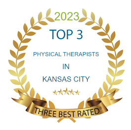 Gold laurel wreath with text: 2023 Top 3 Physical Therapists in Kansas City, with a gold ribbon reading Three Best Rated and five gold stars.