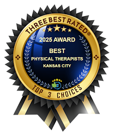 2025 award ribbon recognizing Kansas City's best physical therapists as a three best rated top 3 choice.