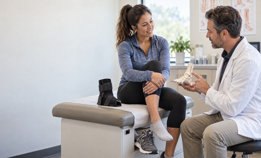 Podiatric clinician discussing recurrent ankle instability with an adult patient.