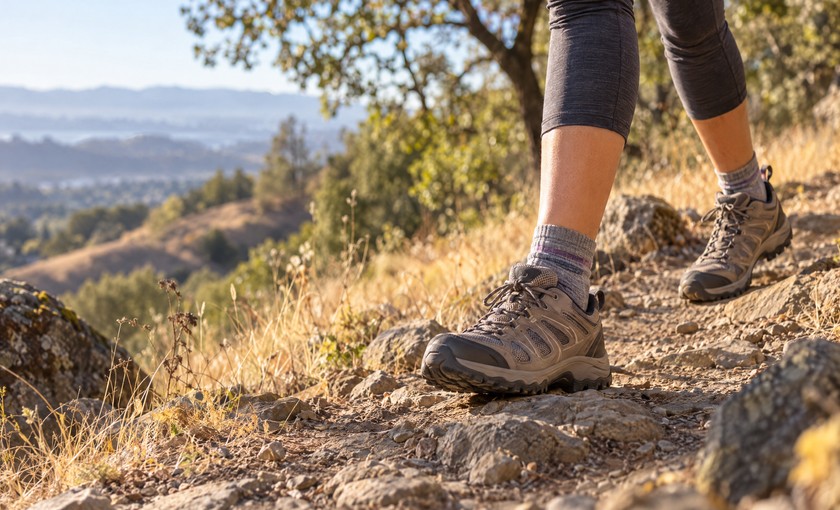 Hiker in supportive trail shoes walking on a sunlit East Bay path with dry autumn grass.