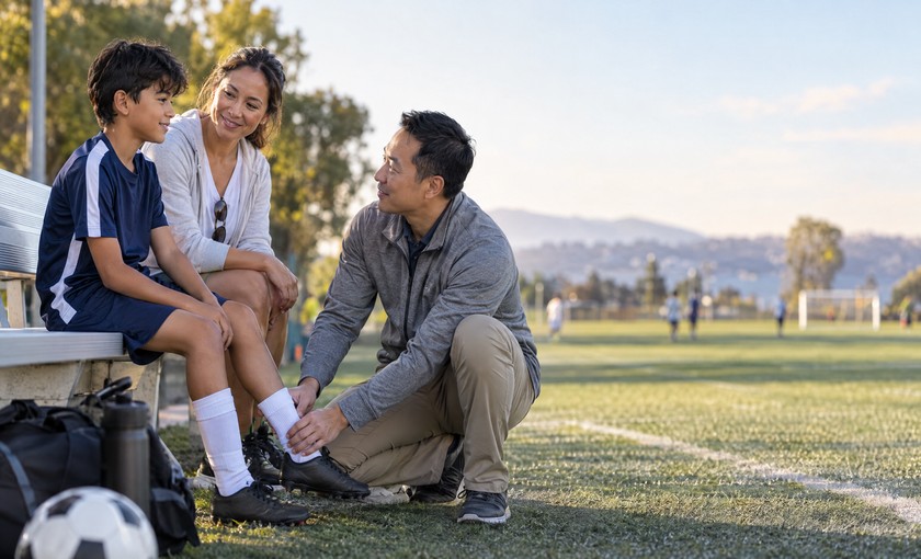 Young soccer player seated beside a field with parent checking a sore ankle.