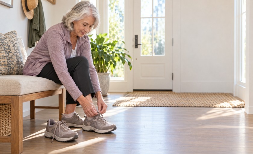 Older adult fastening a supportive walking shoe before heading out.