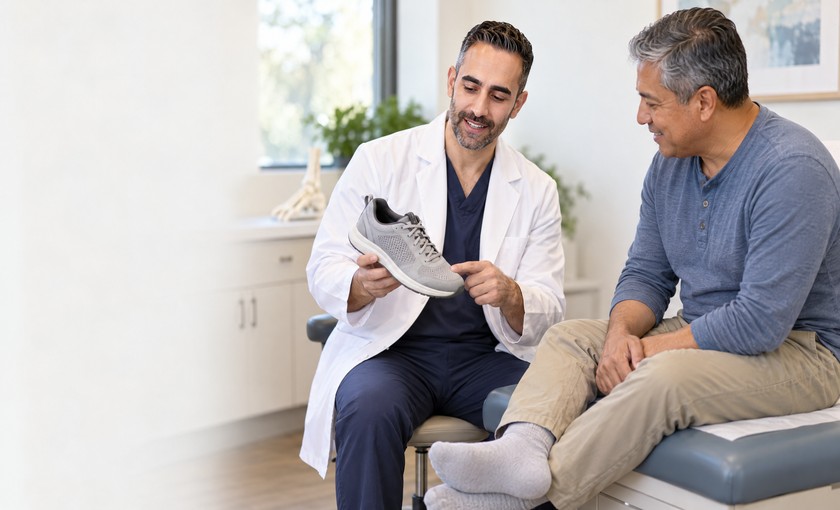 Male podiatrist discussing a walking shoe with an adult patient in a bright clinic.