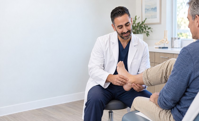 Male podiatrist examining the outer side of an adult patient's foot in a bright clinic.