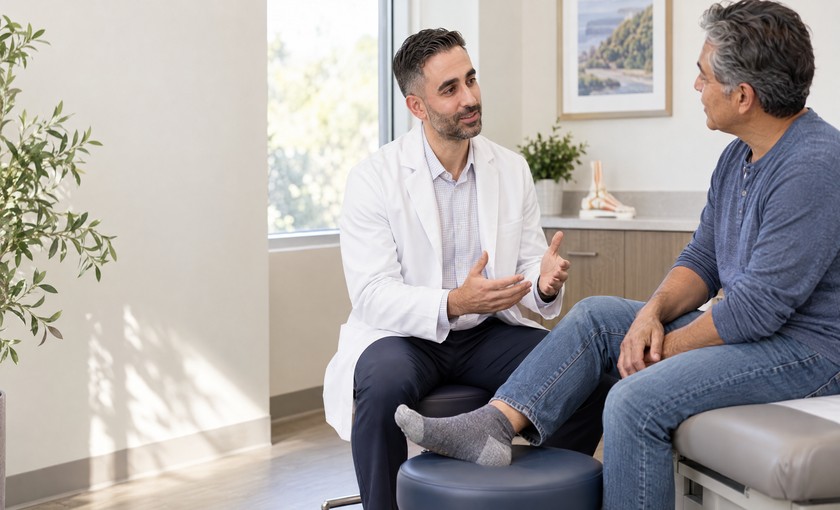 Male podiatrist speaking with an adult patient about foot nerve symptoms in a bright clinic.
