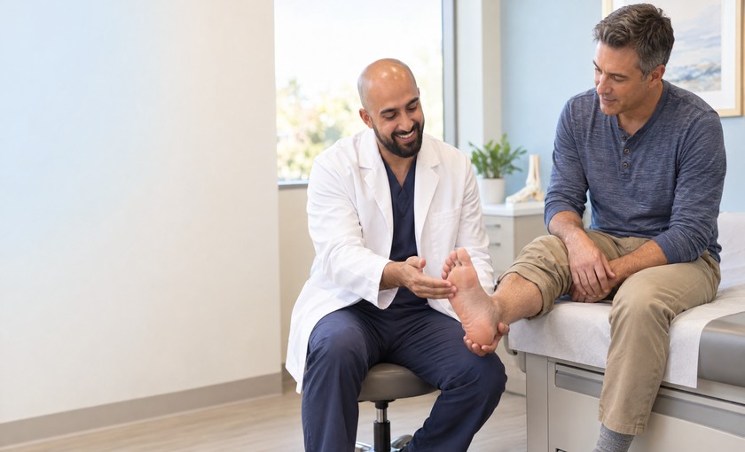 Male podiatrist discussing forefoot pain with an adult patient in a bright clinic.