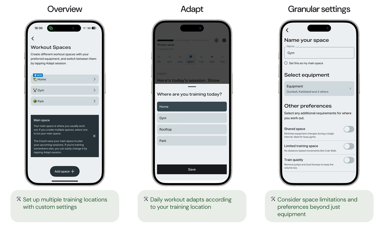 Three phone screens show workout space setup, selecting training location, and naming space with equipment and preferences.