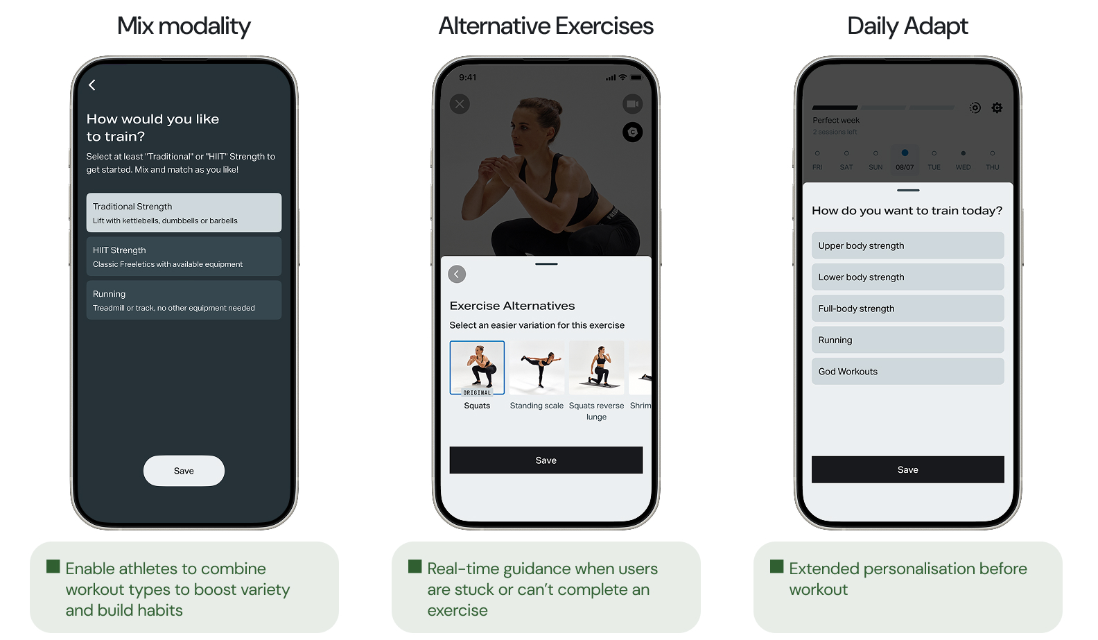 Three phone screens showing workout options: mix modalities, alternative exercises, and daily adapted training choices.