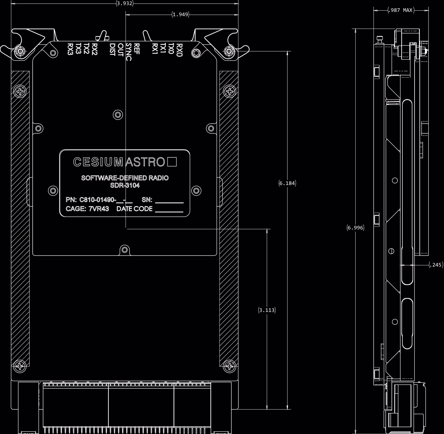 Mechanical Lineart Drawing of CesiumAstro's SDR-3104 Software-Defined Radio