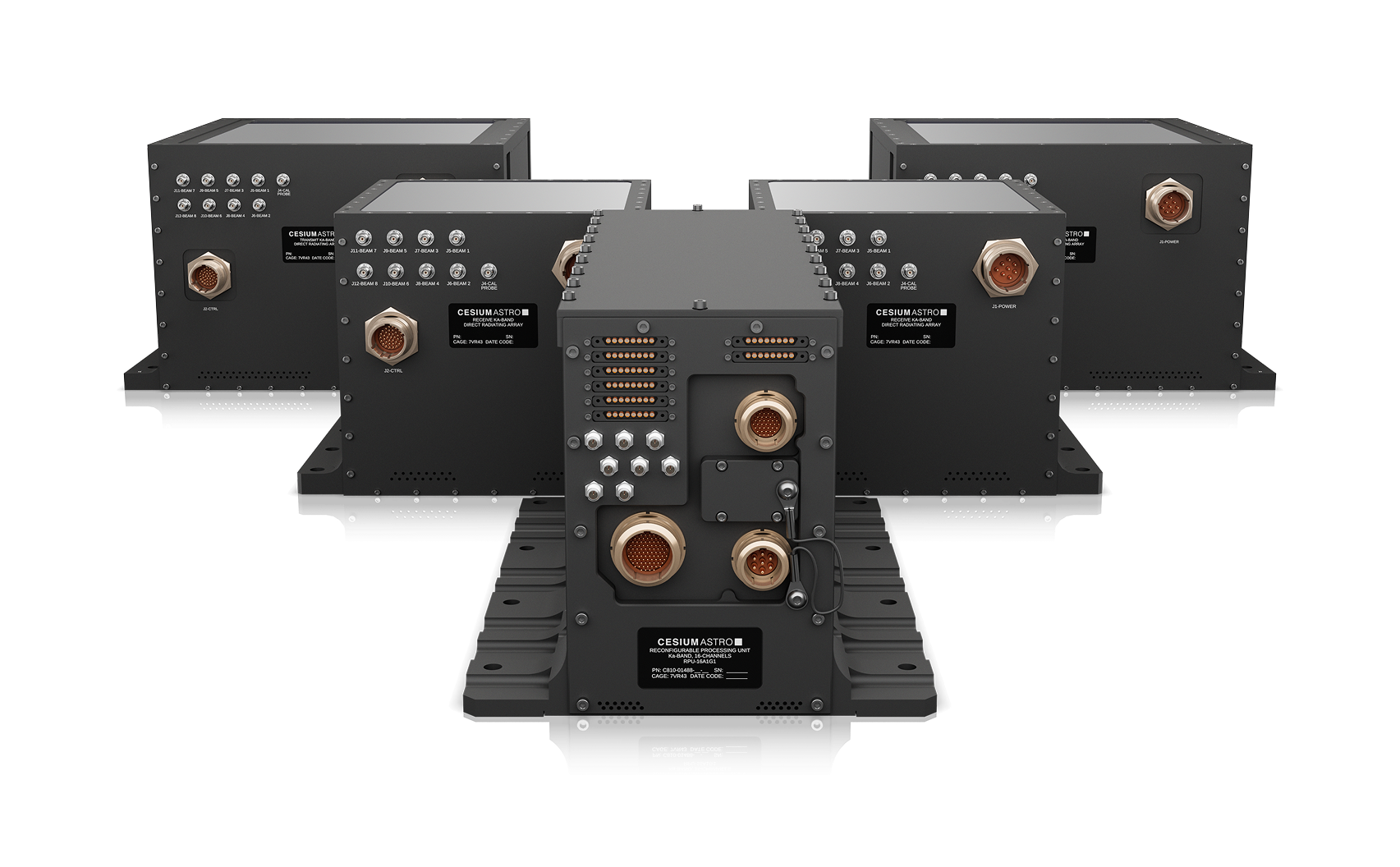 CesiumAstro Vireo Ka 576 product family containing 5 boxes; A single Reconfigurable Processing Unit, two transmit antennas, and two receive antennas
