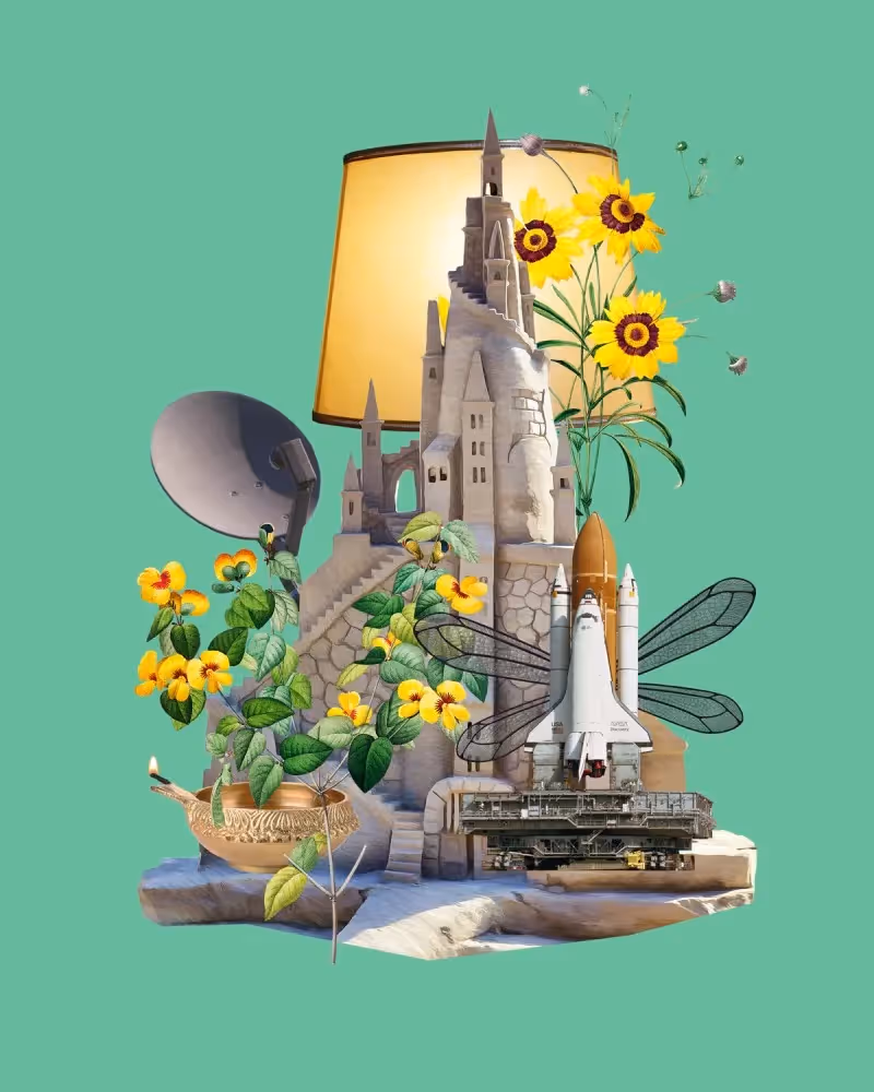 Collage elements: A mint green background, in the back we have a house lamp switched on, and sunflowers. In the middle ground there is a sandcastle, satellite dish, space shuttle with insect wings. And finally a Diya lamp as a symbol.