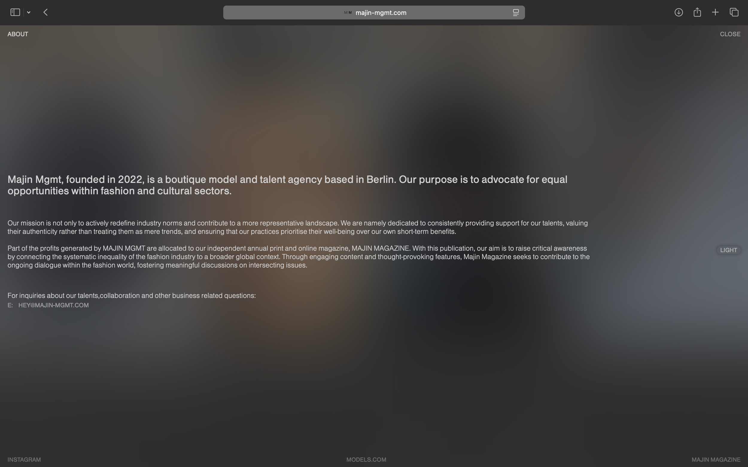 Visual Identity for Majin mgmt, featuring a web design example of the about section.